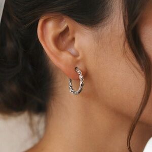 Silver Hoop Earrings Twisted Braid Minimalist Jewelry